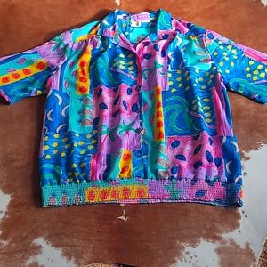 ⭐ $5 ⭐Vintage Tropical Button Down Stretch Waist Tee Blouse Size Medium